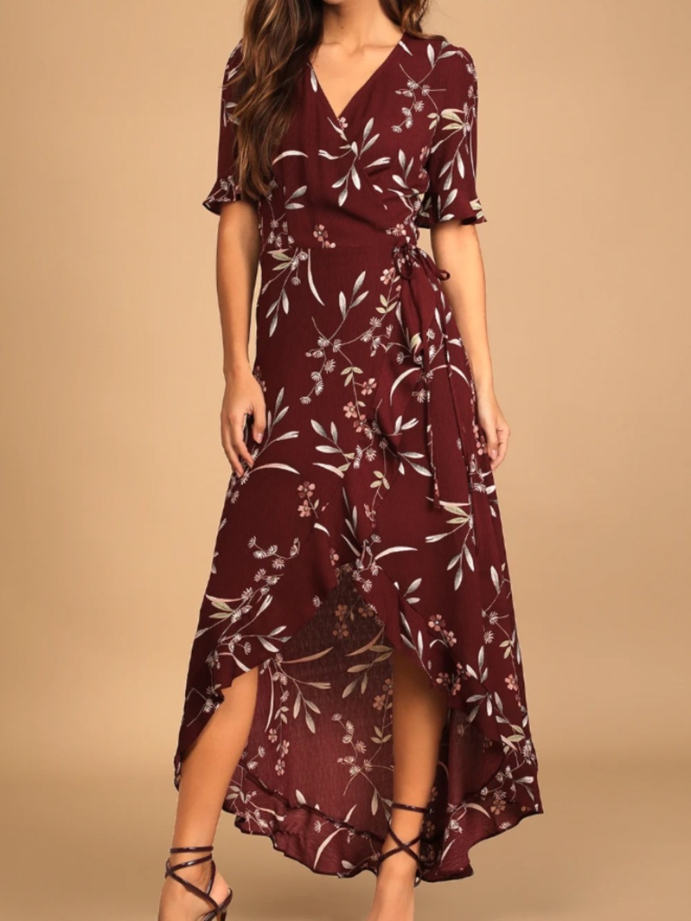 Lulus Wild Winds Burgundy Floral Wrap Dress